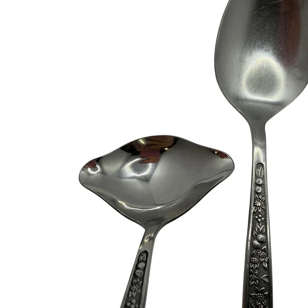 Pageant Stainless Japan Harvest Serving Set Ladle Spoon Meat Fork 3pc Floral
